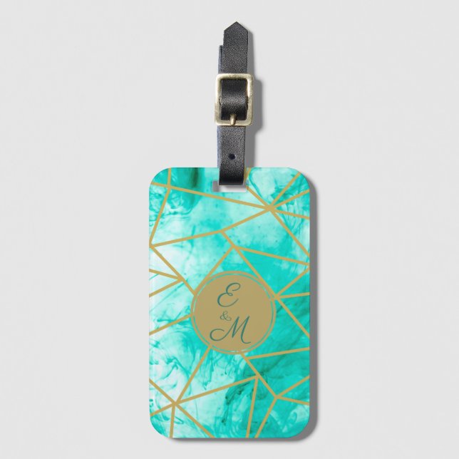 Étiquette À Bagage Monogramme Elégant Moderne Aqua Bleu Aquarelle Or (Devant Vertical)