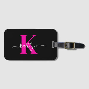 Étiquette À Bagage Monogramme élégant noir rose vif écriture