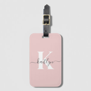 Étiquette À Bagage Monogramme élégant rose poudré gris écriture