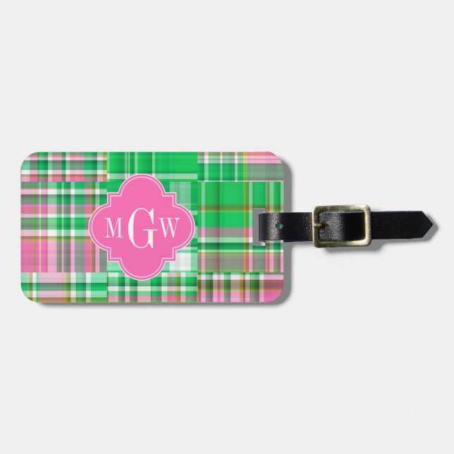 Étiquette À Bagage Monogramme Emerald Hot rose Preppwork Madras (Devant horizontal)