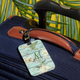 Étiquette À Bagage Monogramme en bois vert vieilli avec Magnolias