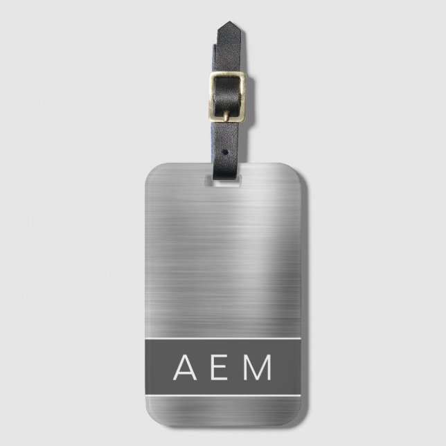 Étiquette À Bagage Monogramme en métal brossé argent Nom et initiale (Devant Vertical)