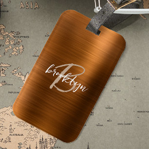 Étiquette À Bagage Monogramme en métal brossé orange brûlé en écritur