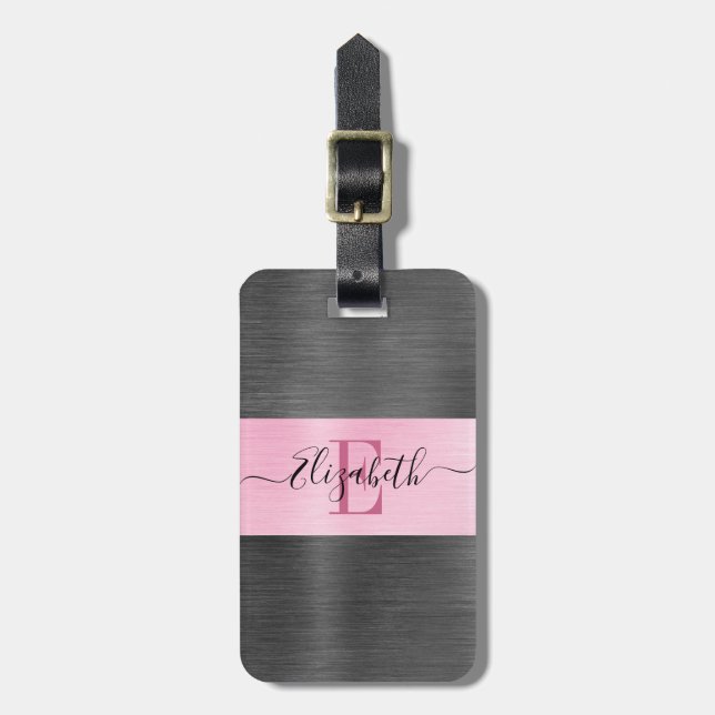 Étiquette À Bagage Monogramme en métal brossé rose gris (Devant Vertical)
