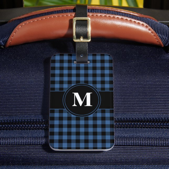 Étiquette À Bagage Monogramme En vichy bleu personnalisé (Insitu Rectoal 2)