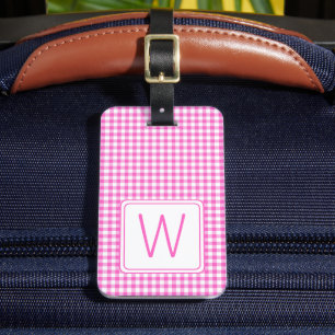 Étiquette À Bagage Monogramme En vichy plaid rose et blanc