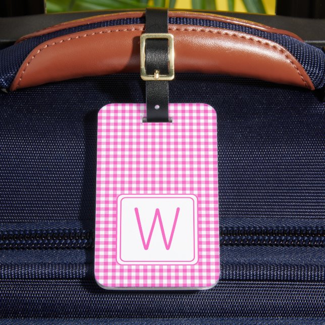 Étiquette À Bagage Monogramme En vichy plaid rose et blanc (Insitu Rectoal 2)