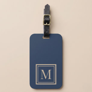 Étiquette À Bagage Monogramme encadré bleu personnalisé et vanille