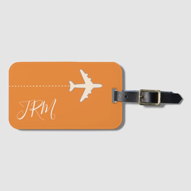 Étiquette À Bagage monogramme et avion en voyage orange (Devant Horizontal)
