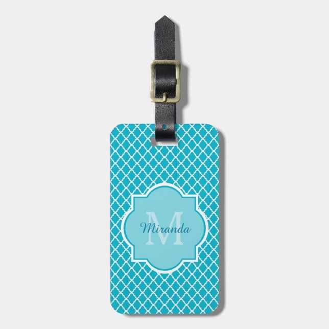 Étiquette À Bagage Monogramme et nom de Quatrefoil bleu turquoise cla (Devant Vertical)