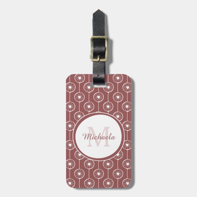 Étiquette À Bagage Monogramme et nom des coeurs Brown rouges élégants (Devant Vertical)