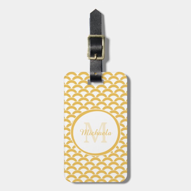 Étiquette À Bagage Monogramme et nom des pétoncles jaunes et blancs m (Devant Vertical)