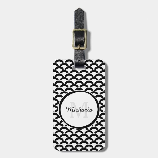 Étiquette À Bagage Monogramme et nom des pétoncles noirs et blancs mo (Devant Vertical)