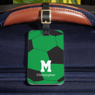Étiquette À Bagage Monogramme et nom du soccer vert