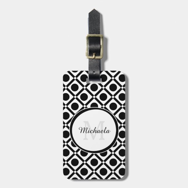 Étiquette À Bagage Monogramme et nom géométrique noir et blanc modern (Devant Vertical)