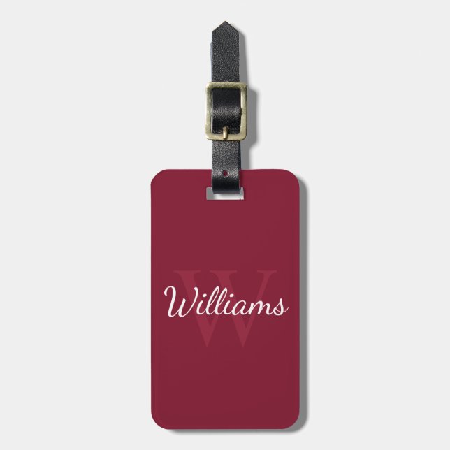Étiquette À Bagage Monogramme et nom personnalisé Bourgogne rouge (Devant Vertical)