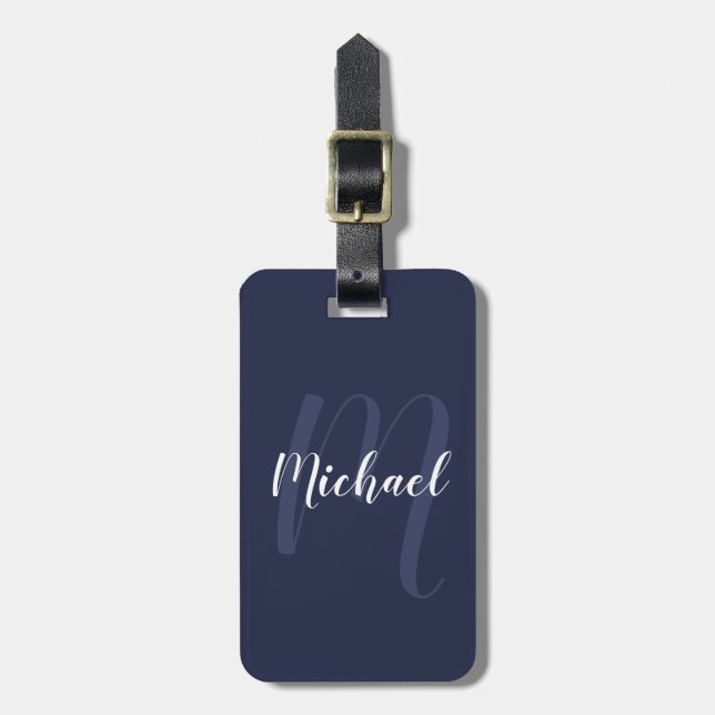 Étiquette À Bagage Monogramme et nom personnalisé moderne Navy Blue (Devant Vertical)