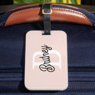 Étiquette À Bagage Monogramme et nom personnalisé moderne Pastel Pink