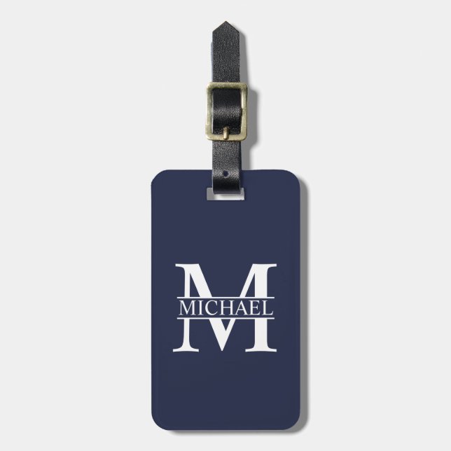 Étiquette À Bagage Monogramme et nom personnalisés bleu marine (Devant Vertical)