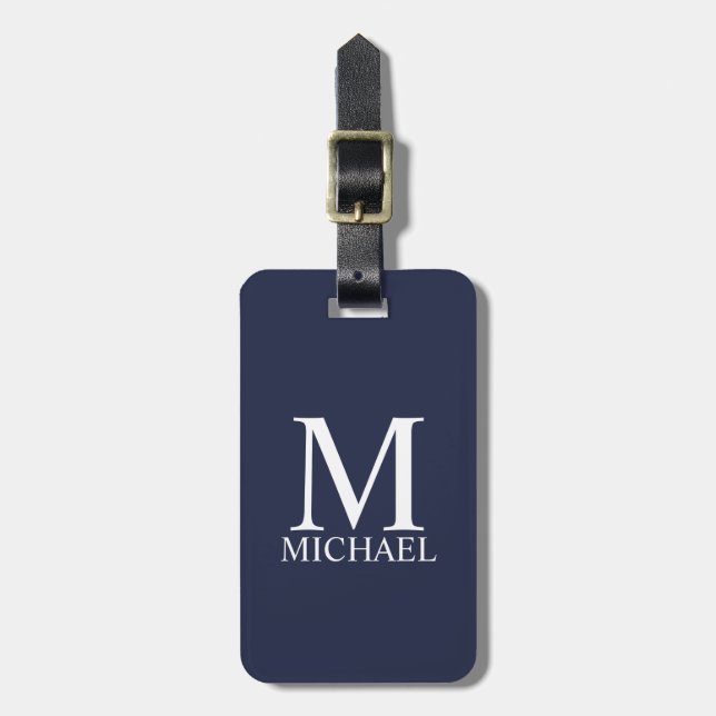Étiquette À Bagage Monogramme et nom personnalisés bleu marine (Devant Vertical)