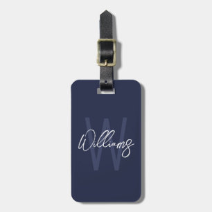 Étiquette À Bagage Monogramme et nom personnalisés de Navy Blue Scrip