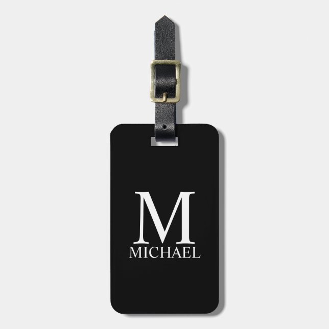 Étiquette À Bagage Monogramme et nom personnalisés en noir (Devant Vertical)