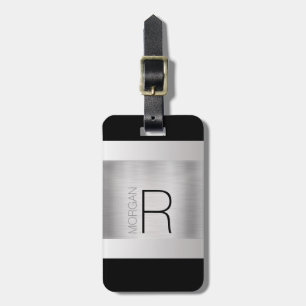 Étiquette À Bagage Monogramme et nom, Texte gris noir, Argent brossé