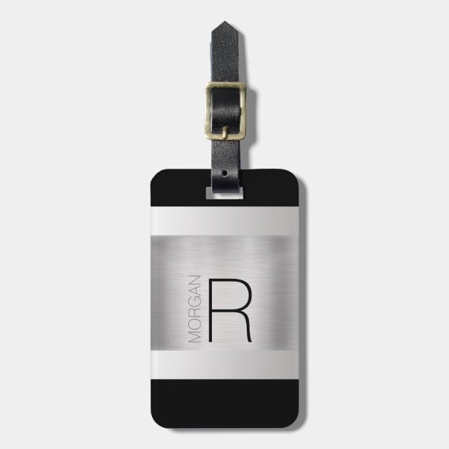Étiquette À Bagage Monogramme et nom, Texte gris noir, Argent brossé (Devant Vertical)