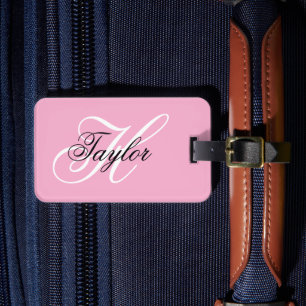 Étiquette À Bagage Monogramme fantaisie noir et blanc Rose