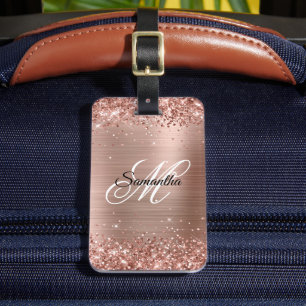 Étiquette À Bagage Monogramme fantaisie pailleté or rose métallisé
