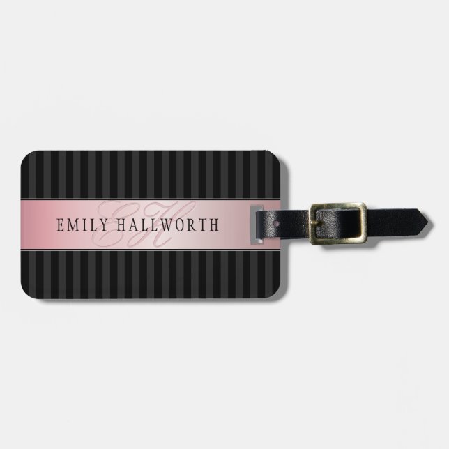 Étiquette À Bagage Monogramme Faux Rose Gold | Gris et noir (Devant horizontal)