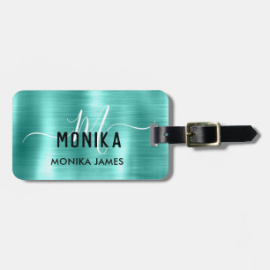 Étiquette À Bagage Monogramme Faux Turquoise Métal Acier Stylé Person