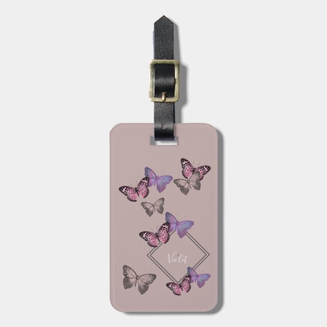 Étiquette À Bagage Monogramme féminin du motif de papillon W. - gris (Devant Vertical)