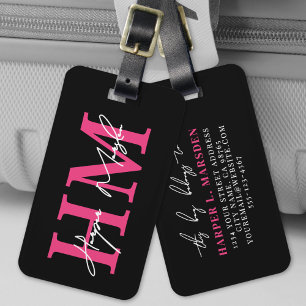 Étiquette À Bagage Monogramme Féminin Noir Rose Chaud Nom