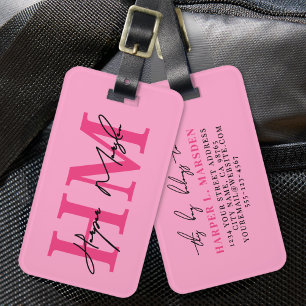 Étiquette À Bagage Monogramme Féminin Rose Chaud Nom