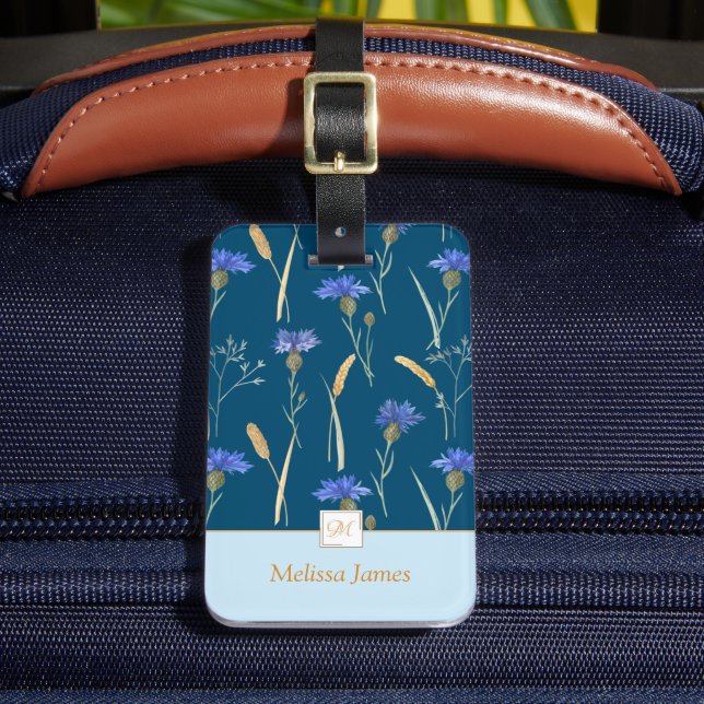 Étiquette À Bagage Monogramme Fleur sauvage Floral Bleu (Insitu Rectoal 2)