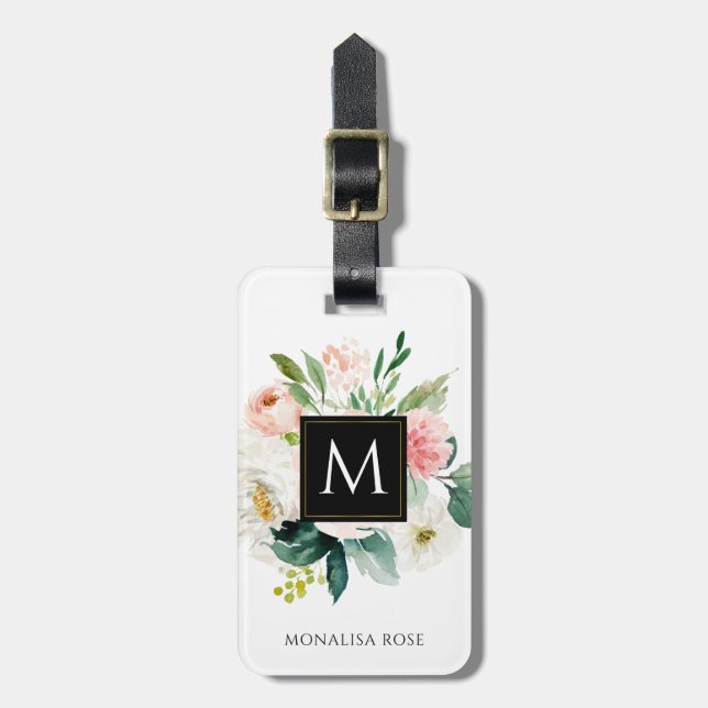 Étiquette À Bagage monogramme floral aquarelle étiquette de nom perso (Devant Vertical)