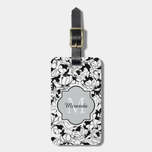 Étiquette À Bagage Monogramme Floral Blanc Noir Moderne Avec Nom