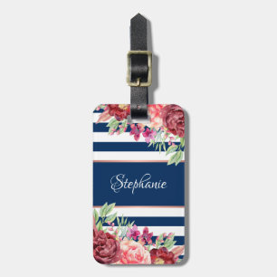 Étiquette À Bagage Monogramme floral bleu Bourgogne