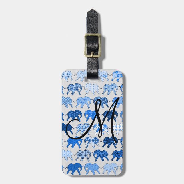Étiquette À Bagage Monogramme floral bleu d'éléphants de motif (Devant Vertical)