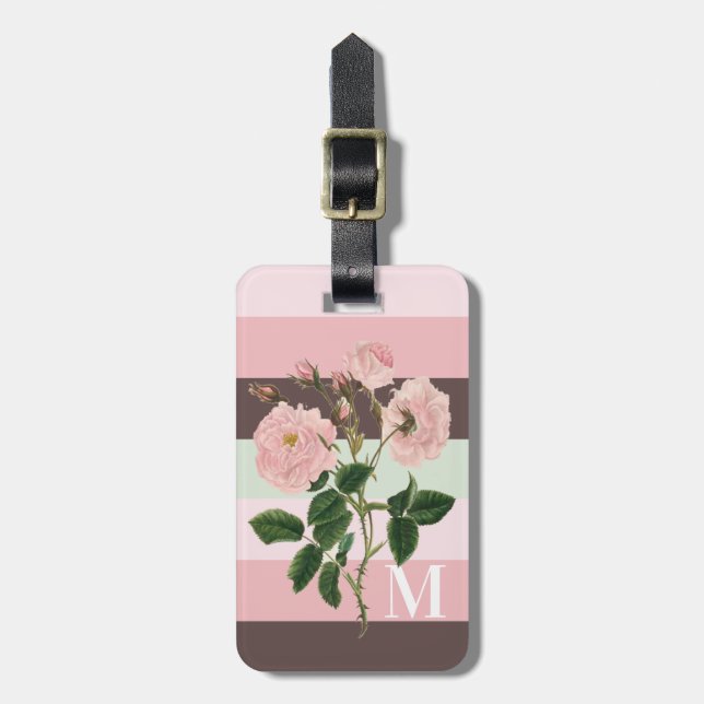 Étiquette À Bagage Monogramme floral Brown rayé rose moderne (Devant Vertical)