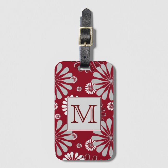 Étiquette À Bagage Monogramme floral de Bourgogne et de Grey (Devant Vertical)
