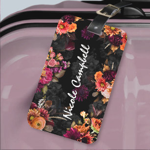 Étiquette À Bagage Monogramme floral élégant fuchsia orange