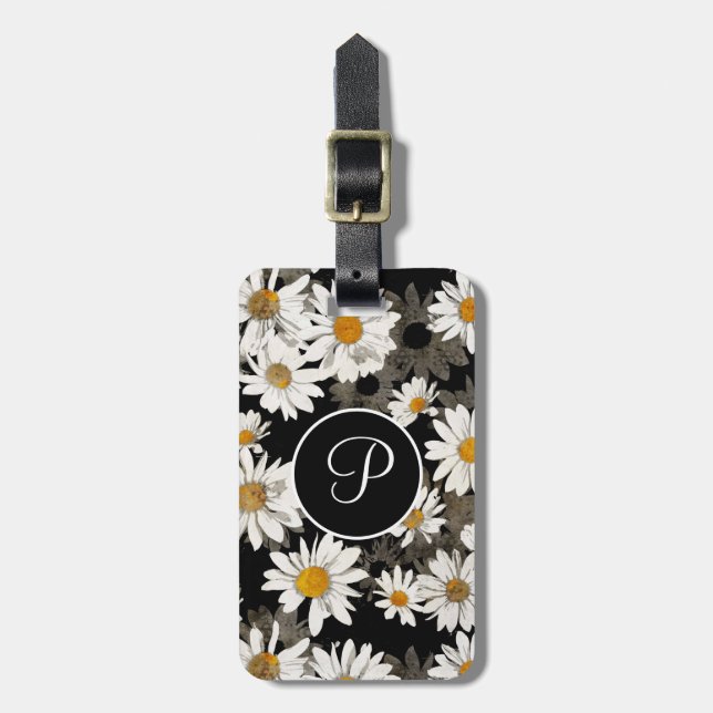 Étiquette À Bagage Monogramme floral noir et blanc Daisal Initial (Devant Vertical)