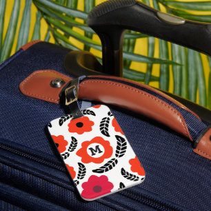 Étiquette À Bagage Monogramme floral orange et rouge moderne