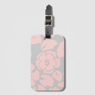 Étiquette À Bagage Monogramme floral rose et gris pastel