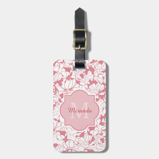 Étiquette À Bagage Monogramme Floral Rose Lumière Moderne Avec Nom (Devant Vertical)