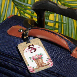 Étiquette À Bagage Monogramme floral rose personnalisé de cowgirl