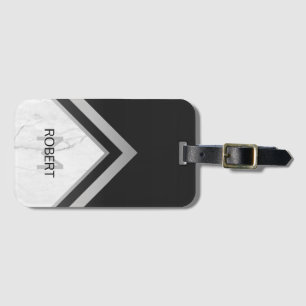Étiquette À Bagage Monogramme Géométrique Chevron Noir Marbre Argent