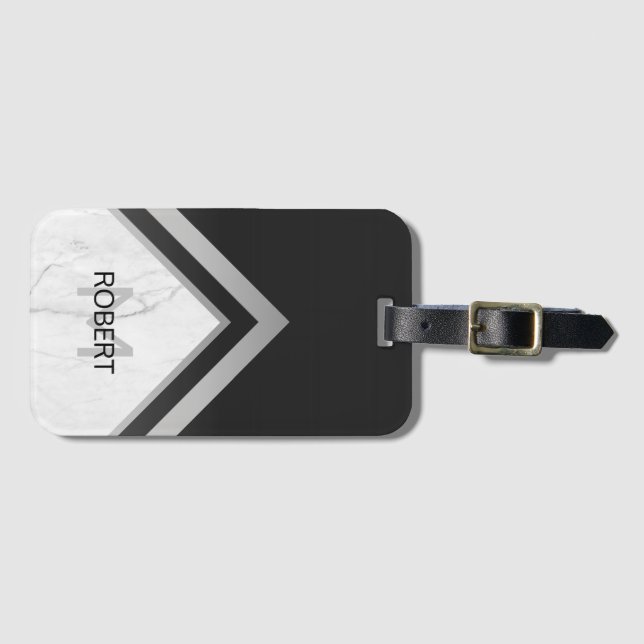 Étiquette À Bagage Monogramme Géométrique Chevron Noir Marbre Argent (Devant Horizontal)
